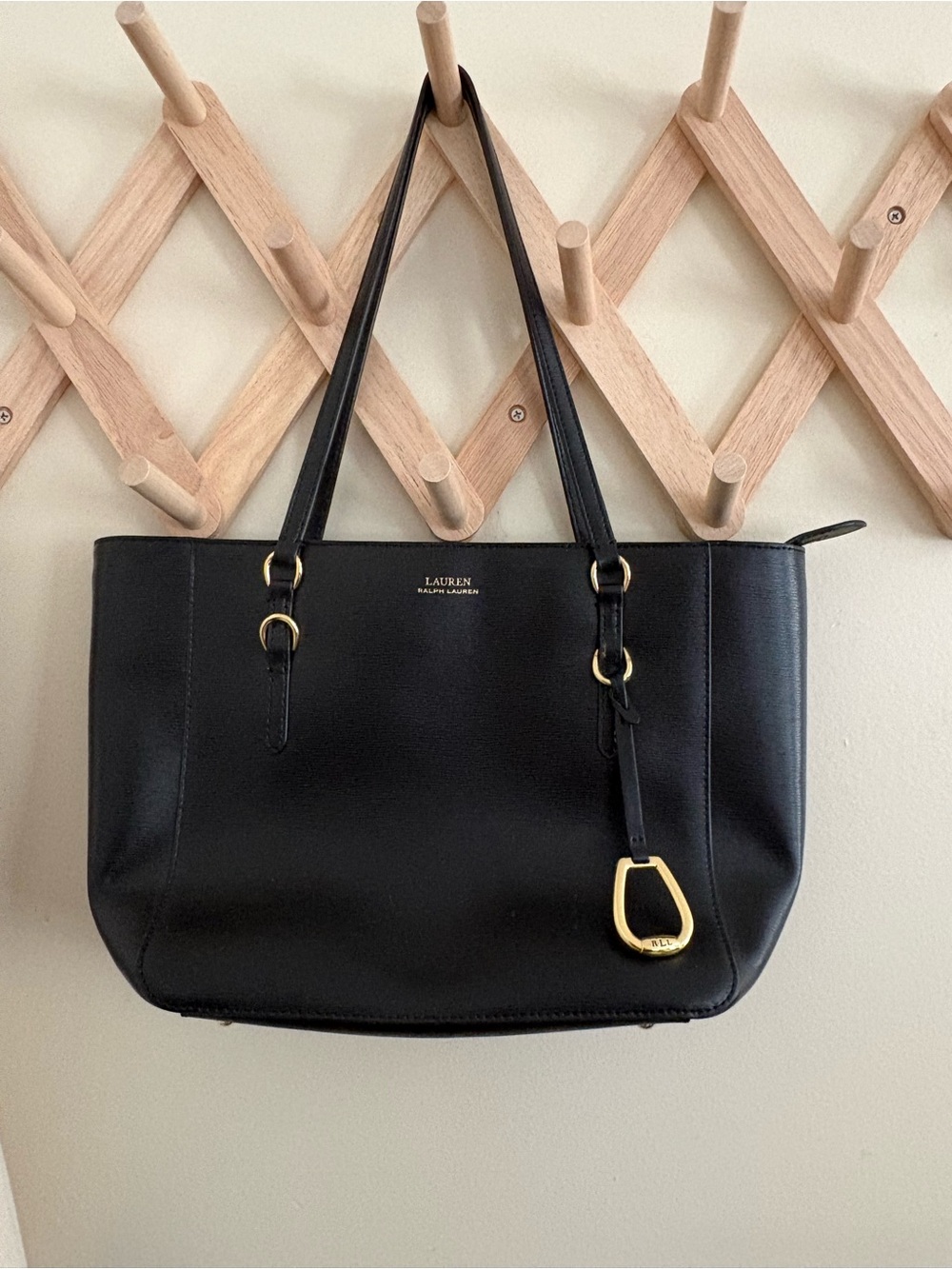 Lauren Ralph Lauren Black Leather Shoulder Tote with Gold Hardware